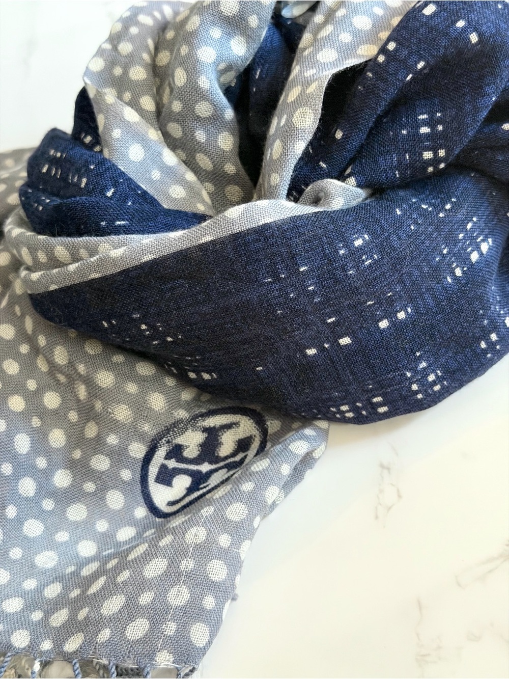 Tory Burch | Lightweight Oblong Scarf | Navy Blue T Monogram | Luxury Layering